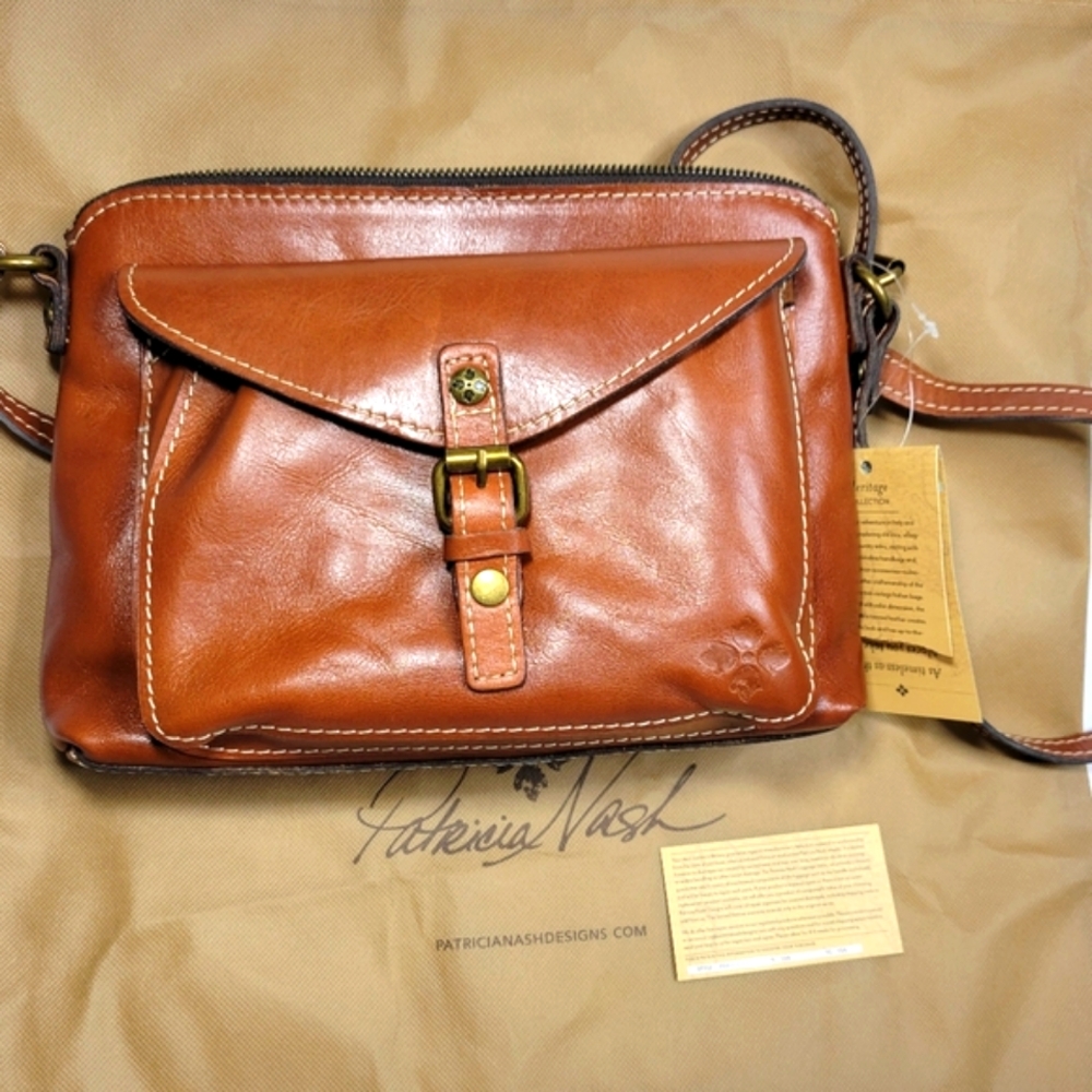 Patricia Avellino Crossbody Tan Heritage Full Grain Leather Bag Antique Brass - Picture 2 of 14